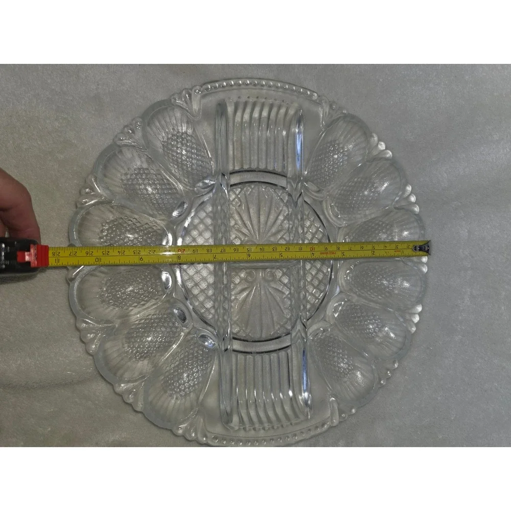 Vintage Clear Pressed Glass Deviled Egg Platter Relish Tray 12 Slot 11 Inch